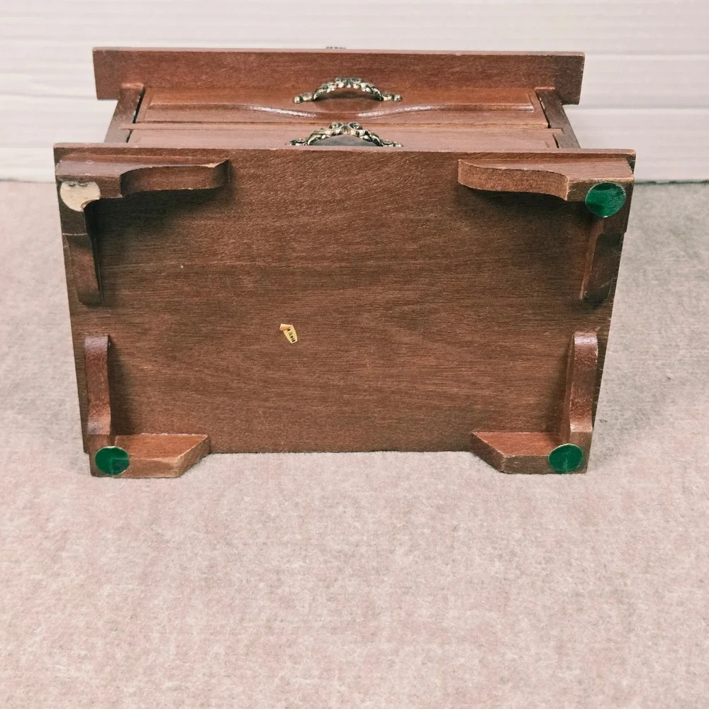 Vtg Wood Jewelry Box Stained Glass Floral Inlay 2 Drawers Ring Organizer Brown